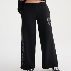Déjà For Aero Rhinestone Rose Mid-Rise Wide Leg Sweatpants - Black