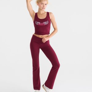 Von Dutch Winged Logo Mid-Rise Fold-Over Bootcut Pants - Deep Claret