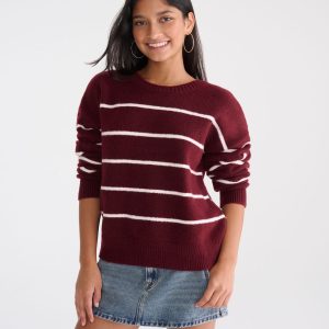 Small Stripe Crew Sweater - Rustic Wine