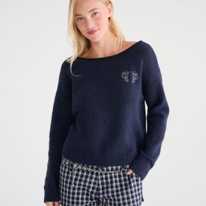 Déjà For Aero Angel Wings Off-The-Shoulder Sweater - Victoria Navy