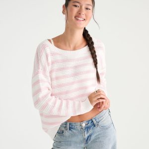 Striped Slouchy Crew Sweater - Peach Whip