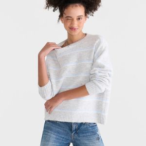 Striped Cozy Crew Sweater - Light Heather Grey