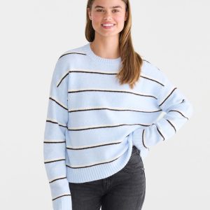 Striped Cozy Crew Sweater - Airy Blue