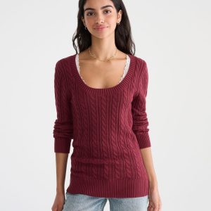 Cable Scoop-Neck Sweater - Rustic Wine