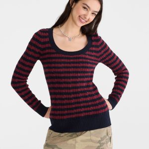 Striped Cable Scoop-Neck Sweater - Cadet Navy