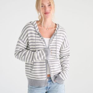 Striped Full-Zip Hooded Sweater - Med Hthr Grey