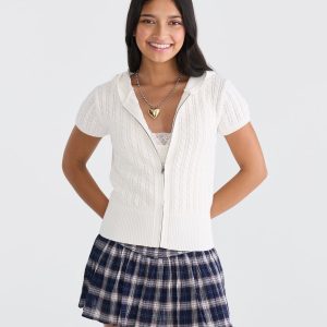 Short Sleeve Full-Zip Sweater Hoodie - Cream