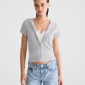 Short Sleeve Full-Zip Sweater Hoodie - Light Heather Grey