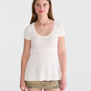 Short Sleeve Scoop-Neck Babydoll Sweater - Cream