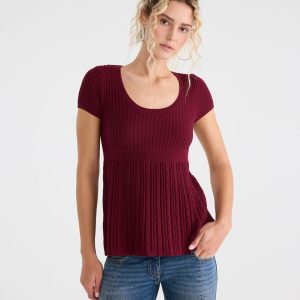 Short Sleeve Scoop-Neck Babydoll Sweater - Rustic Wine