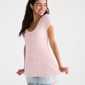 Short Sleeve Scoop-Neck Babydoll Sweater - Peach Whip