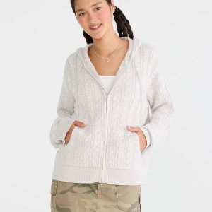 Cable Full-Zip Hooded Sweater - Light Heather Grey