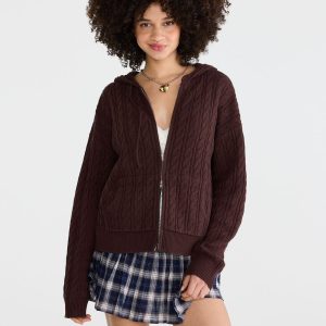 Cable Full-Zip Hooded Sweater - Jaspe Muted Ebony
