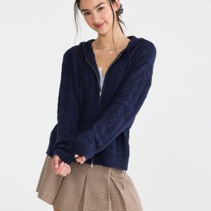 Cable Full-Zip Hooded Sweater - Cadet Navy