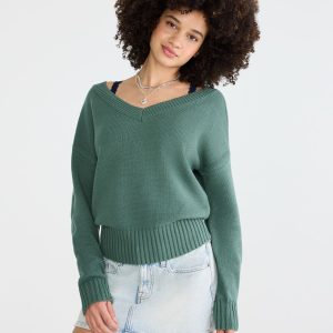 Slouchy V-Neck Sweater - Basque Olive