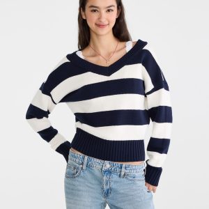 Striped Slouchy V-Neck Sweater - Cadet Navy