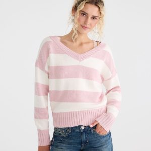 Striped Slouchy V-Neck Sweater - Peach Whip