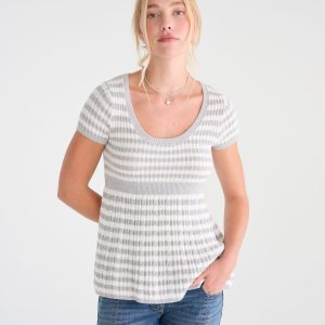 Short Sleeve Striped Scoop-Neck Babydoll Sweater - Light Heather Grey