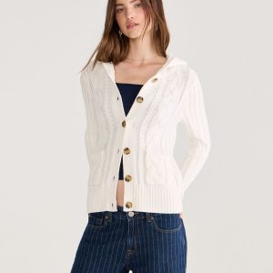 Hooded Button-Front Cable Cardigan - Cream