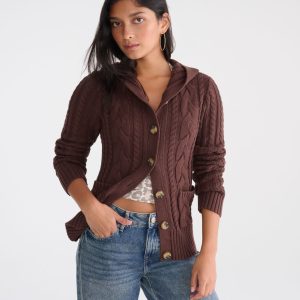 Hooded Button-Front Cable Cardigan - Nougat