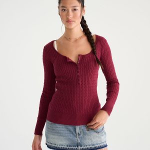 Déjà For Aero Long Sleeve Cable Henley - Deep Claret