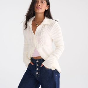 Déjà For Aero Cable Button-Front Mock-Neck Sweater - Cream