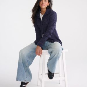 Déjà For Aero Cable Button-Front Mock-Neck Sweater - Victoria Navy