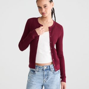Ribbed Crew Cardigan - Rustic Wine