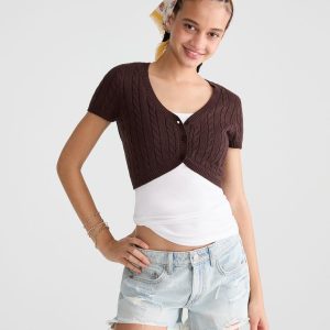 Short Sleeve Cable Knit Sweater Shrug - Jaspe Muted Ebony