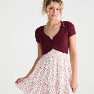 Short Sleeve Cable Knit Sweater Shrug - Rustic Wine