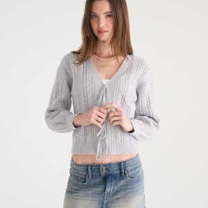 Cable Reversible Tie Cardigan - Light Heather Grey
