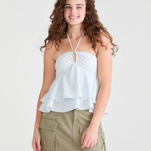 Striped Ruffle Halter Top - Cream