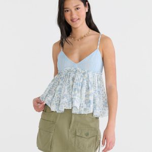 Floral Crocheted V-Neck Babydoll Top - Airy Blue
