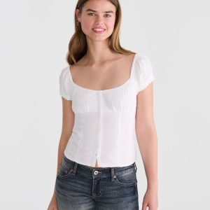 Tonal Stripe Button-Front Scoop-Neck Blouse - Bleach