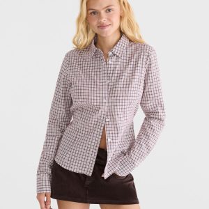 Long Sleeve Plaid Tie-Back Fitted Shirt - Cream
