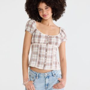 Plaid Button-Front Scoop-Neck Blouse - Cream