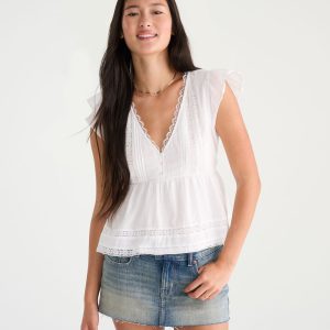 Lace & Pintuck V-Neck Tie-Back Blouse - Bleach