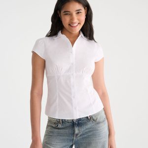Short Sleeve Peter Pan Tie-Back Blouse - Bleach