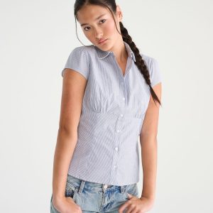 Short Sleeve Striped Peter Pan Tie-Back Blouse - Cream