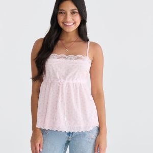Floral Bow Lace-Trim Square-Neck Cami - Pink Bluff