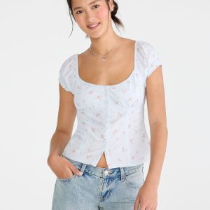 Floral Button-Front Scoop-Neck Blouse - Blue