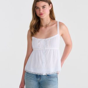 Striped Lace Button-Front Square-Neck Cami - Bleach