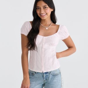 Striped Button-Front Scoop-Neck Blouse - Cream
