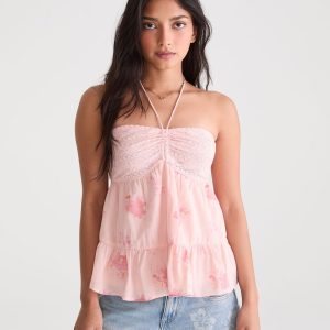 Floral Crocheted Halter Top - Pink Flambe