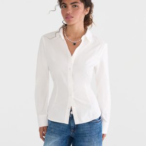 Long Sleeve Tonal Stripe Tie-Back Fitted Shirt - Cream