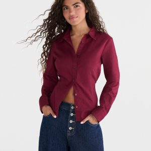 Long Sleeve Tonal Stripe Tie-Back Fitted Shirt - Rustic Wine