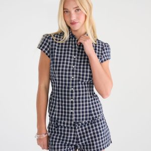 Déjà For Aero Plaid Tie-Back Blouse - Vintage Indigo