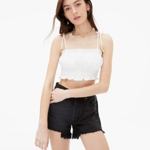 Smocked Button-Front Cropped Tie Tank - Cream