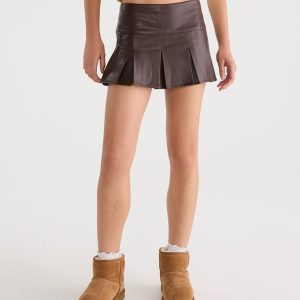 Pleated Faux Leather Low-Rise Mini Skirt - Jaspe Muted Ebony