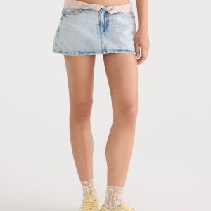 Floral Waistband Low-Rise Denim Mini Skirt - Light Wash